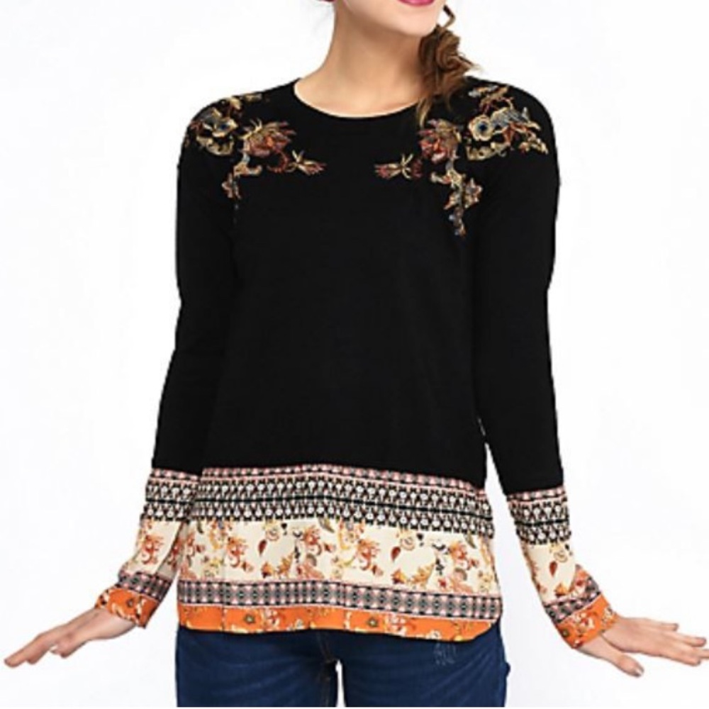 DESIGUAL Embroidered Sweater Women’s XS Floral Jumper Long Sleeve Black Orange